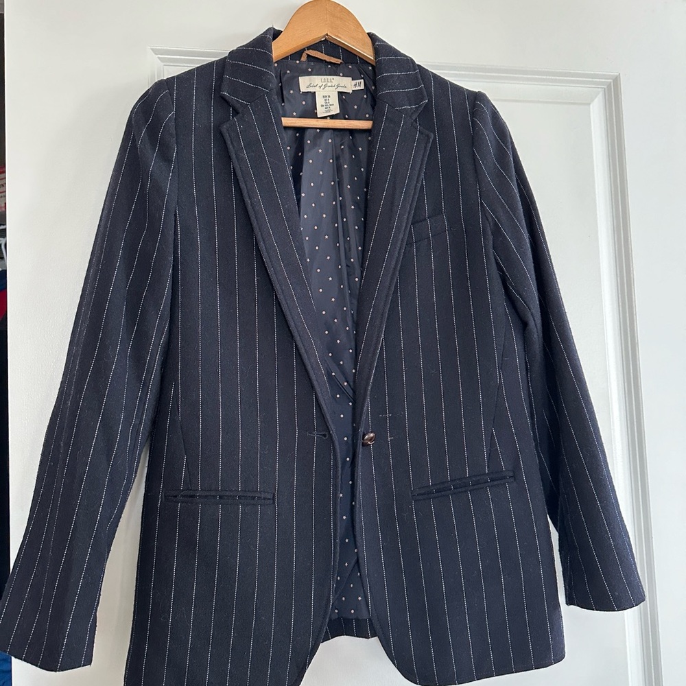 Navy Pinstripes wool blend esquire blazer with elbow patches